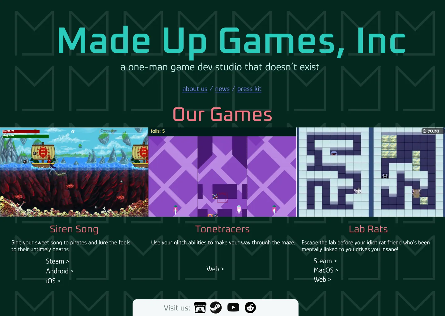 A fully-fleshed out website prototype of a fake website called Made Up Games, Inc.