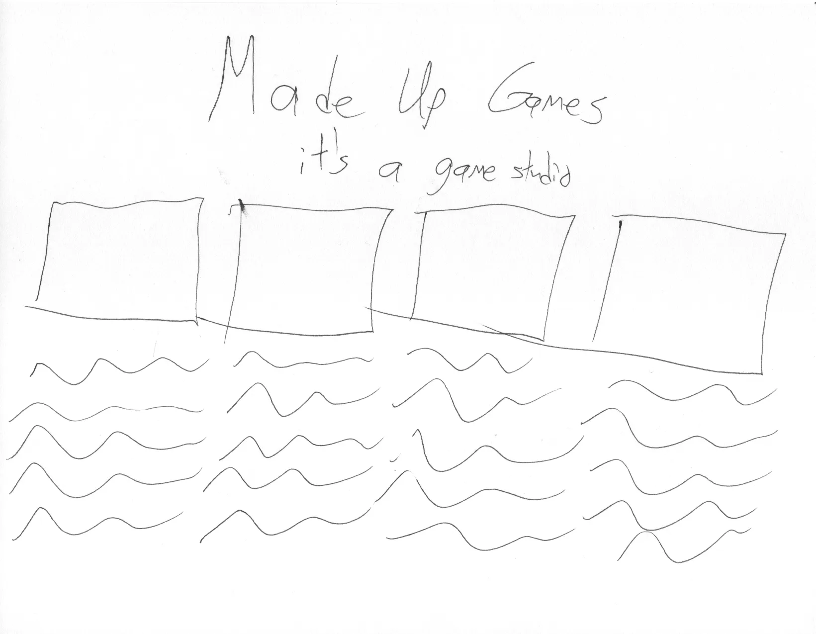 A rough paper sketch of a fake website called Made Up Games, Inc.