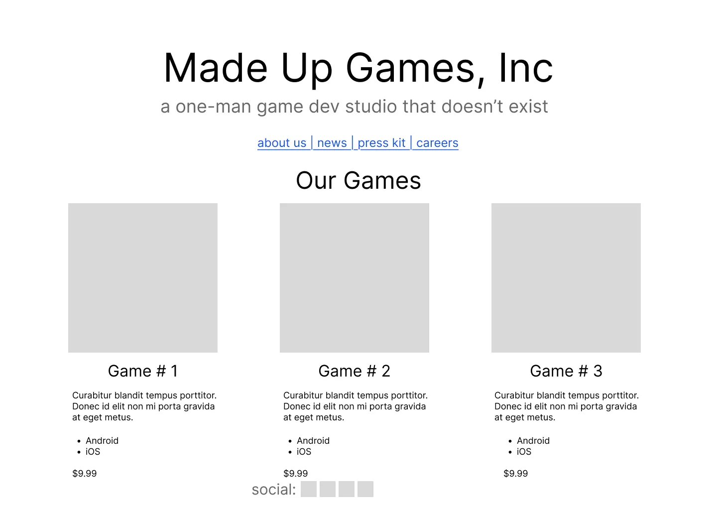 A wireframed diagram of a fake website called Made Up Games, Inc.